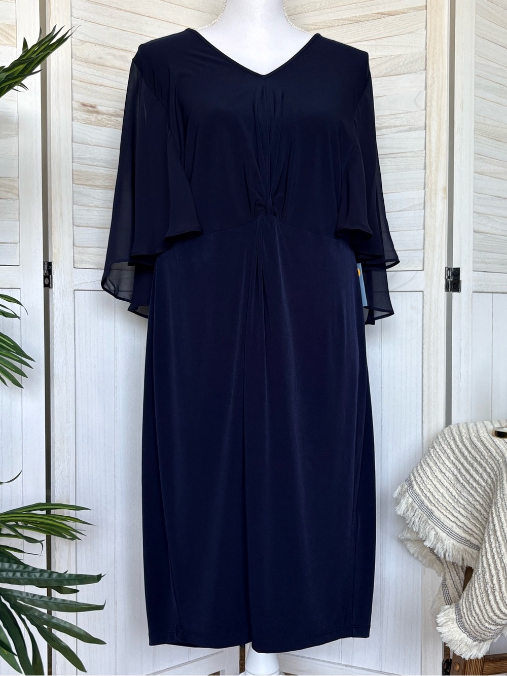 London Times Woman 14W Navy Midi Dress NWT Flutter Sleeve Knot Front Plus Size